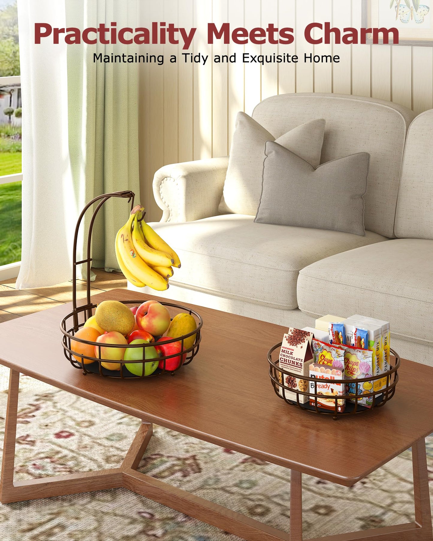 Sevenblue 2 Tier Large Fruit Basket for Kitchen Counter with Removable Banana Hanger - Sturdy Iron Fruit Bowl for Kitchen Counter and Vegetable Holder, Brown, Extra Large