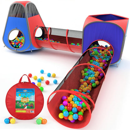 Playz 4pc Pop Up Play Tent and Tunnel Bundle for Toddlers and Kids - Indoor & Outdoor Playhouse with Storage Bag, Red & Blue