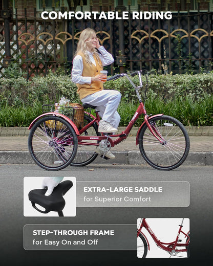 VIRIBUS Folding Tricycle for Adults, 7 Speed Folding Adult Tricycle with Detachable Wheeled Basket, Foldable 3 Wheel Bikes for Adults Women Female Seniors, Collapsible Trike, 24 inch Red, 330 lb.