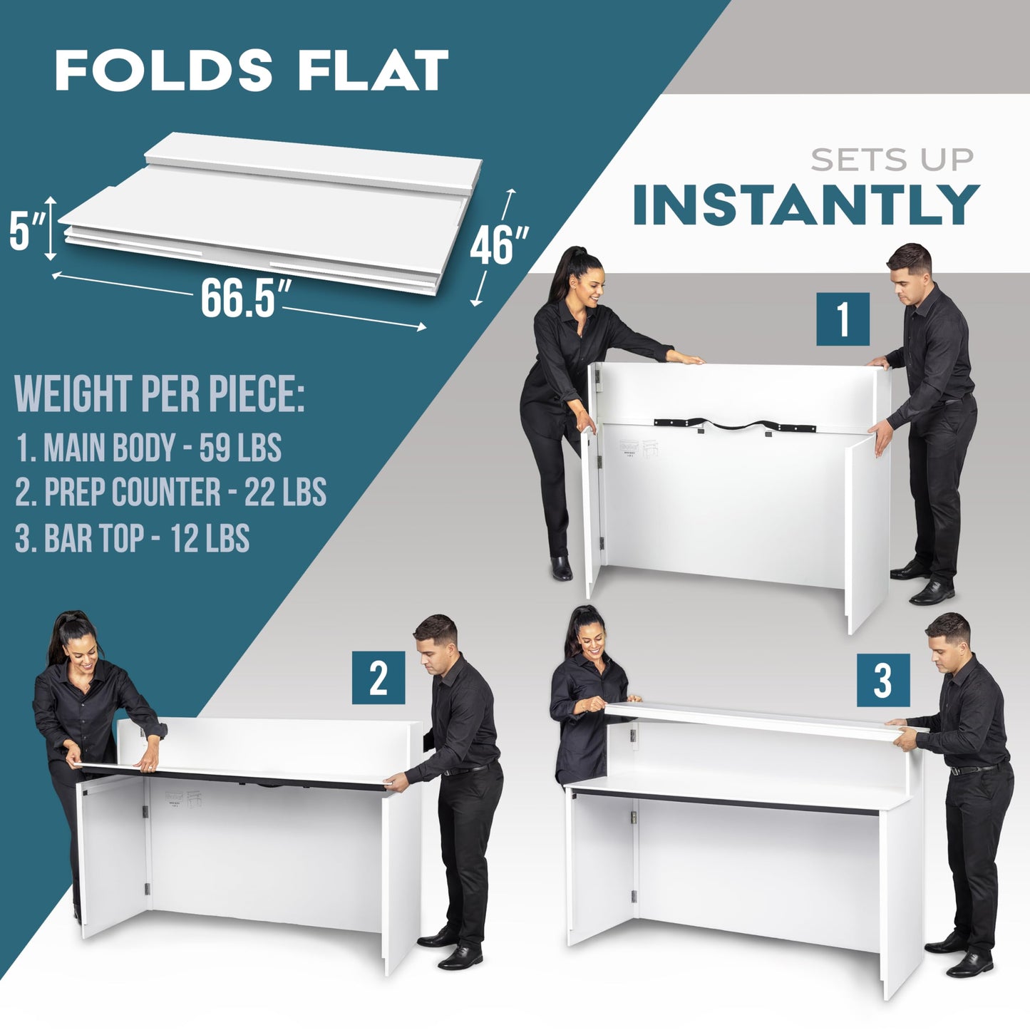 GoBar Elite Portable Bar Table for Events - Foldable Commercial Grade Wood - Pop up Mobile Bartending Station - White