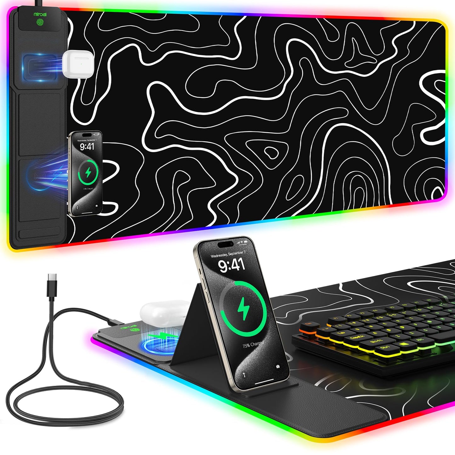 Mouse Pad with Wireless Charging, Large Desk Mat RGB Gaming Mousepad, 10 Light Colors LED Gaming Pad Keyboard Pad with Ultra-Smooth Surface & Non-Slip Rubber Base, Waterproof Full Desk Mouse Pad