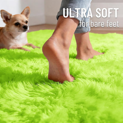 OLANLY Round Lime Green Area Rug - Soft, Fluffy, Machine Washable 6 ft Circle Carpet for Bedroom & Living Room