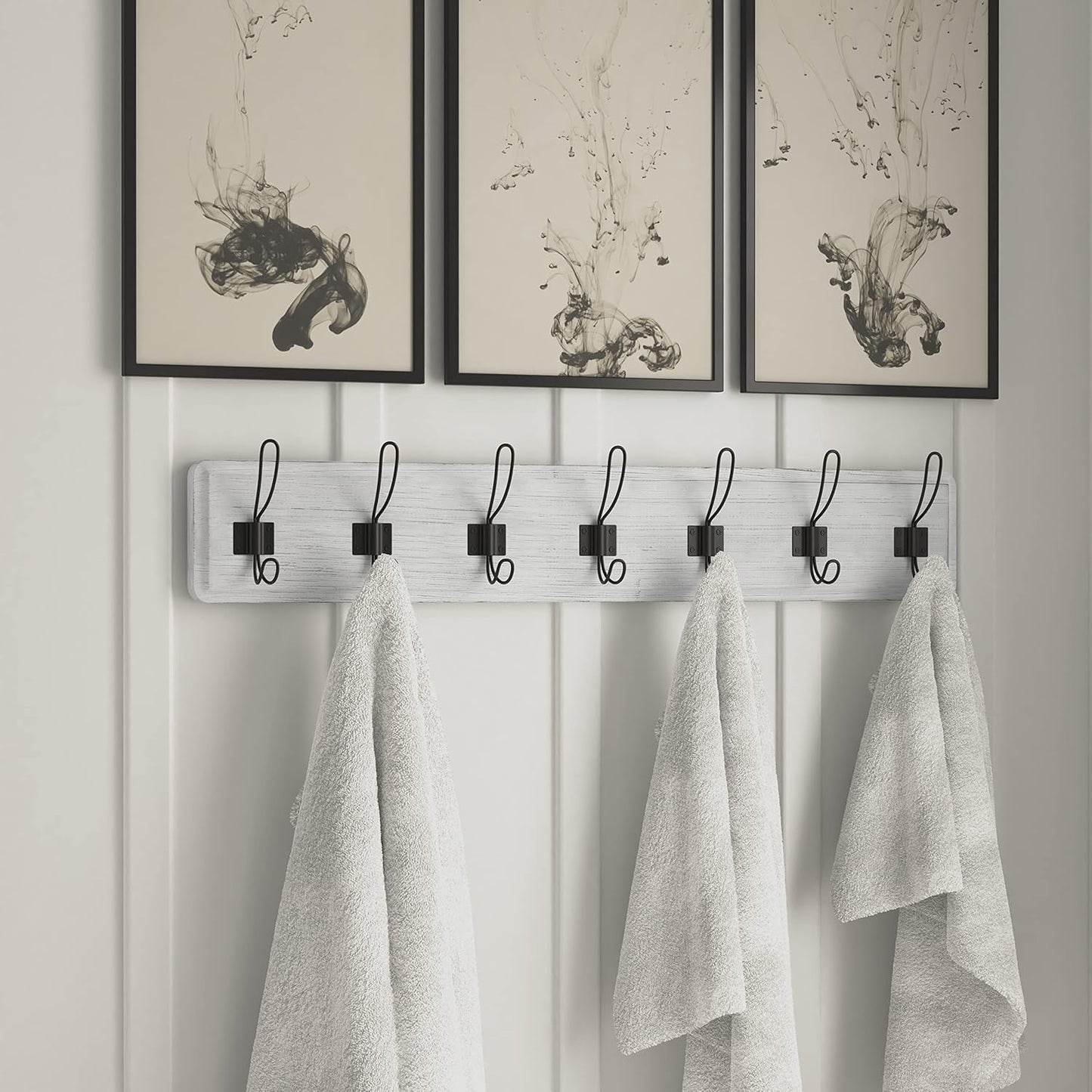 HBCY Creations Whitewash Solid Wood Wall Mounted Coat Rack with Shelf, 7 Hooks, 34" Long for Kitchen, Mudroom, Entryway