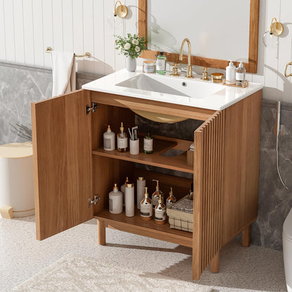 Merax 29.9" Bathroom Vanity with Ceramic Sink, Solid Wood Legs, MDF Cabinet, U-Shaped Adjustable Shelf, Space-Saving Bathroom Storage Cabinet, Traditional American Style