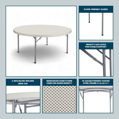 OEF Furnishings OEFBT60R Round Commercial-Grade Premium Industrial Folding Table, Heavy-Duty Blow-Molded Design with Thick Top and 17-Gauge Steel Frame (60" Diameter, Speckled Gray Top)
