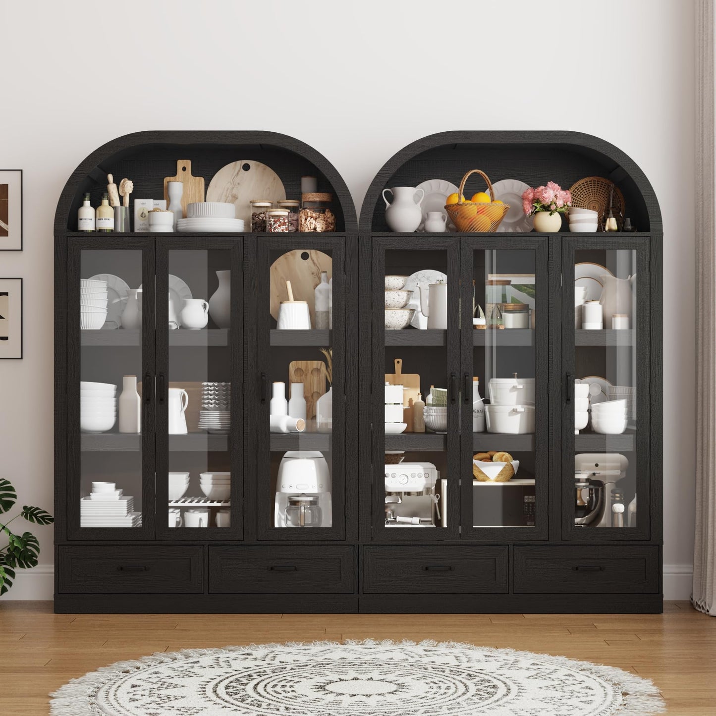 73" Tall Arched Kitchen Pantry Cabinet w Load-Bearing Steel Pipe,Modern Farmhouse Kitchens Storage Cabinet with Drawer and Glass Doors,Tall Arched Bookcase,Pantry Organizer(Woodgrain Black)