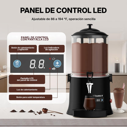Vtsmax 10L/2.6Gal Hot Chocolate Machine, Commercial Hot Drink Dispenser, 86–194°F Temperature Control Beverage Warmer with Stainless Steel Spout, Removable PC Bowl for Cocoa, Milk, Coffee, Black