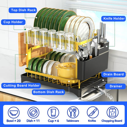 IBEDMAZIE Dish Drying Rack Gold, Multifunctional Dish Racks for Kitchen Counter with Drainboard 2 Tier Dish Drainer Large Capacity for Knifes/Cup/Cutting Board