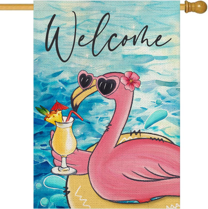 Welcome Summer House Flag, Flamingo Pool Decoration, Seasonal Outdoor Farmhouse Yard Double Sided 28x40 Inch