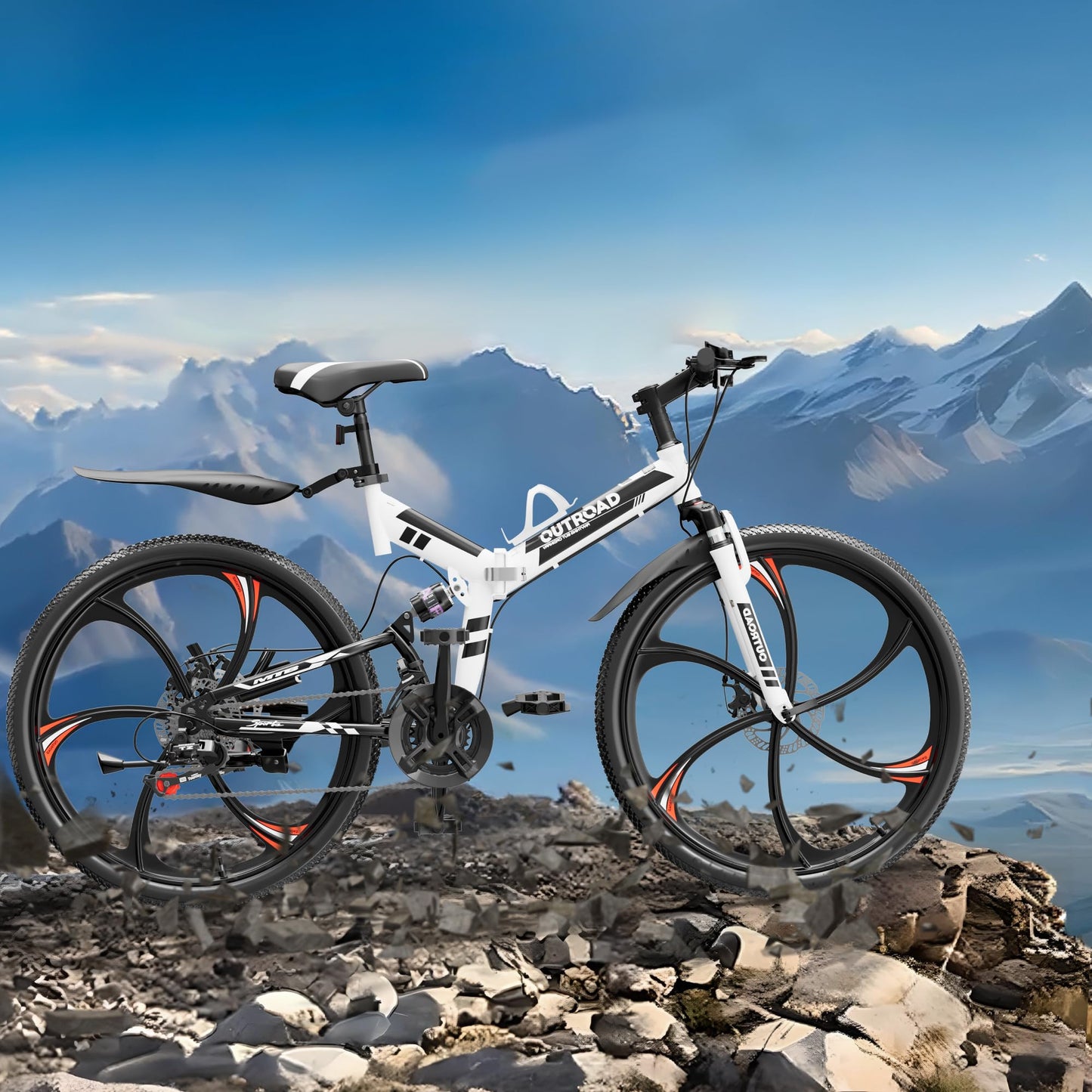 Outroad 26 Inch Folding Mountain Bike, 21 Speed Dual Disc Brake Non-Slip Folding Bikes, Full Suspension High-Carbon Steel MTB Foldable Bicycle for Adults/Women/Men, White