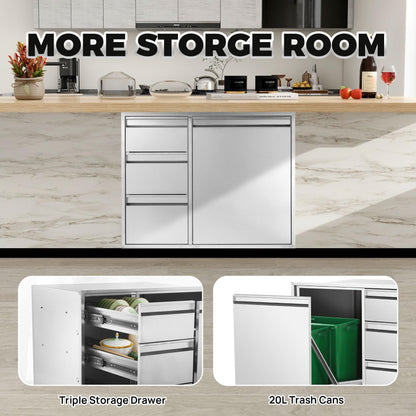 POPMOON Outdoor Kitchen Drawer Combo with Triple Drawers & Trash Bin Compartment | Includes 2X 20L Trash Cans | Outdoor Kitchen Access Drawers for Grill Station, 28" W x 22" H x 19" D