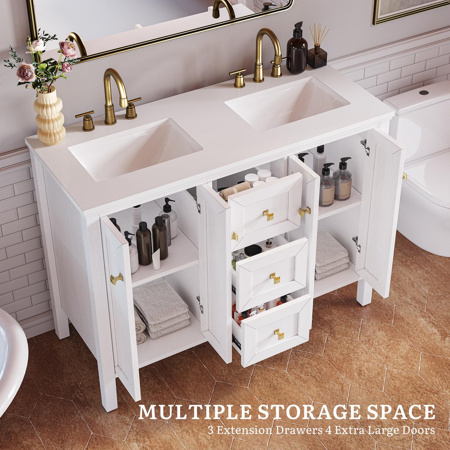 YITAHOME 47 Inch Bathroom Vanity with Double Sink, Retro Bathroom Storage Cabinet with Sintered Stone Countertop, Six Holes, 4 Doors & 3 Drawers