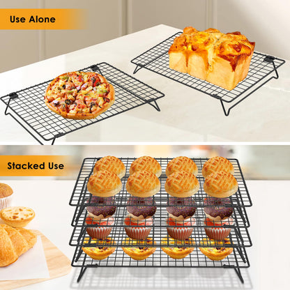 4 Pack Cooling Racks for Cooking and Baking, 13.4 x 9.4 Inch 4-Tier Stackable Tall Baking Racks, Carbon Steel Roasting Wire Rack for Baking, Oven Cooking, Grilling Making Jerky (Black, 13.4“ x 9.4”)