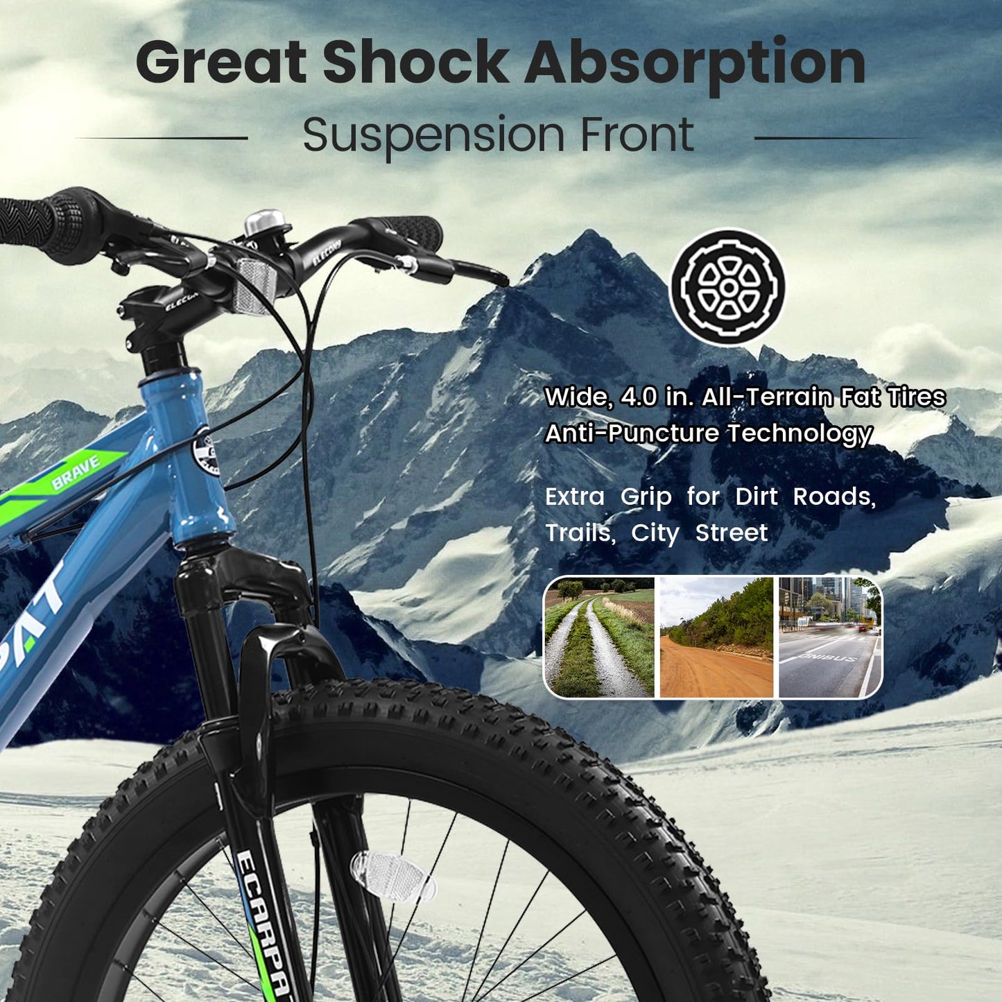 24 Inch Fat Tire Bike Adult/Youth Full Shimano 7 Speeds Mountain Bike, Dual Disc Brake, High-Carbon Steel Frame, Front Suspension, Mountain Trail Bike, Urban Commuter City Bicycle (BlUE, 24inch)