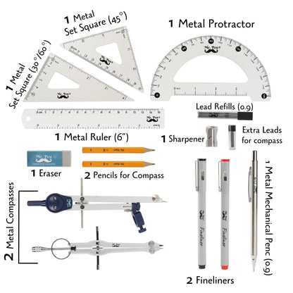 Mr. Pen- Professional Geometry Set, 15 pcs, Drafting Tools with Protractor, Compass, Metal Ruler, Triangles, Pens & Pencils, Complete Geometry & Drafting Kit for Architects, Engineers & Students