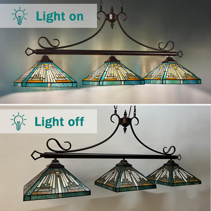 Capulina Tiffany Lamp Stained Glass Pool Table Light Chandelier 3-Lights 12 Inches Wide Amber Green Antique Mission Tiffany Style Pendant Light for Dining Room Kitchen Island Pool Table Hall Farmhouse