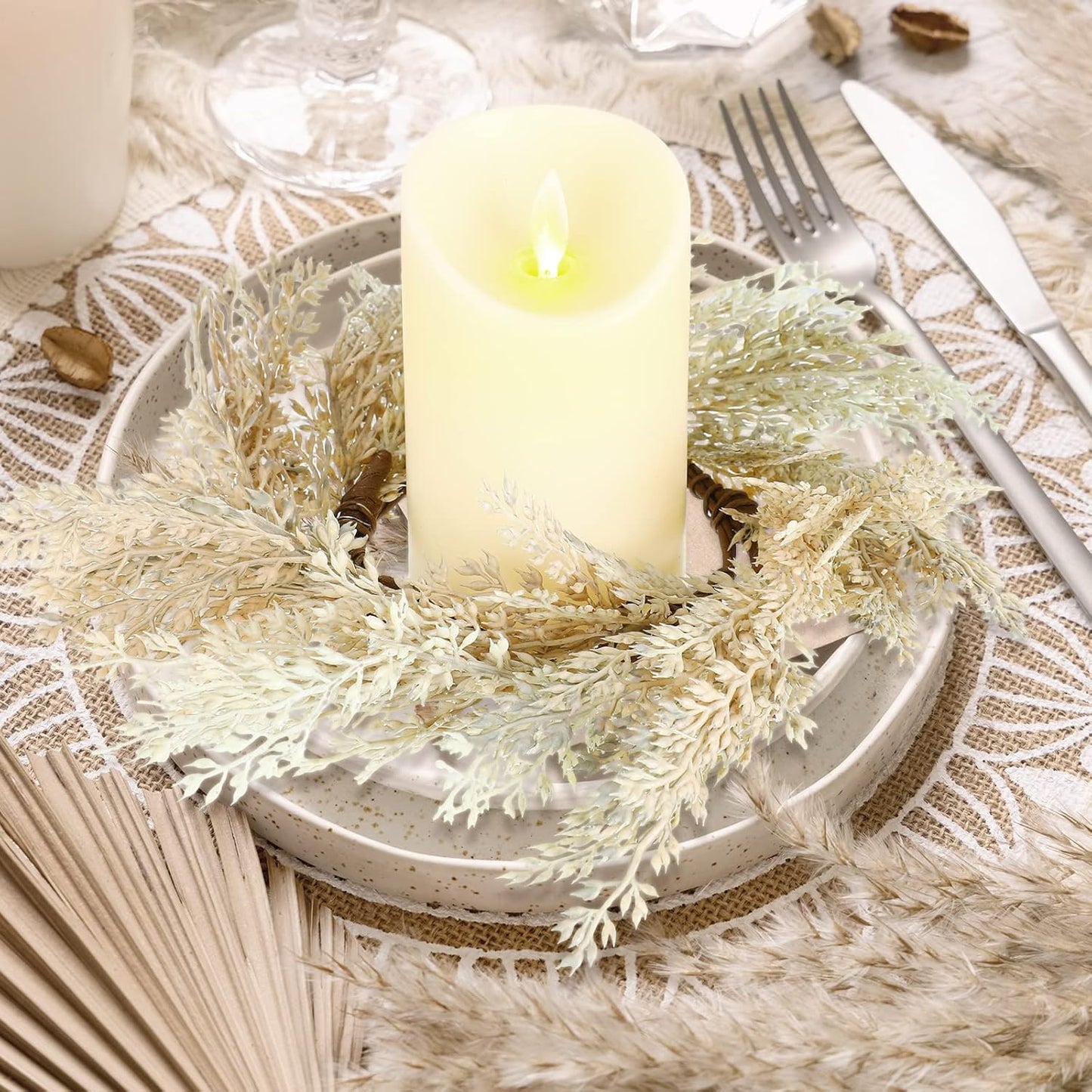 Panelee Pampas Grass Candle Rings - 4 Pcs Faux Greenery Wreaths for Boho Home Decor | 3.9 Inch Size