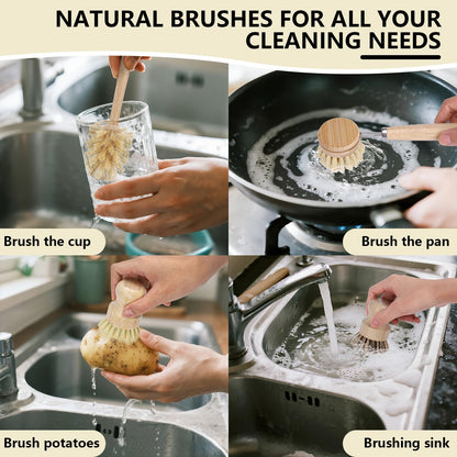 BONUMVITA 5 Pack Bamboo Dish Brush Set, Wooden Dish Brush with 14’’ Bottle Brush, Natural Kitchen Scrub Brush for Dishes Pots, Pans, Sinks, Woks, Vegetables