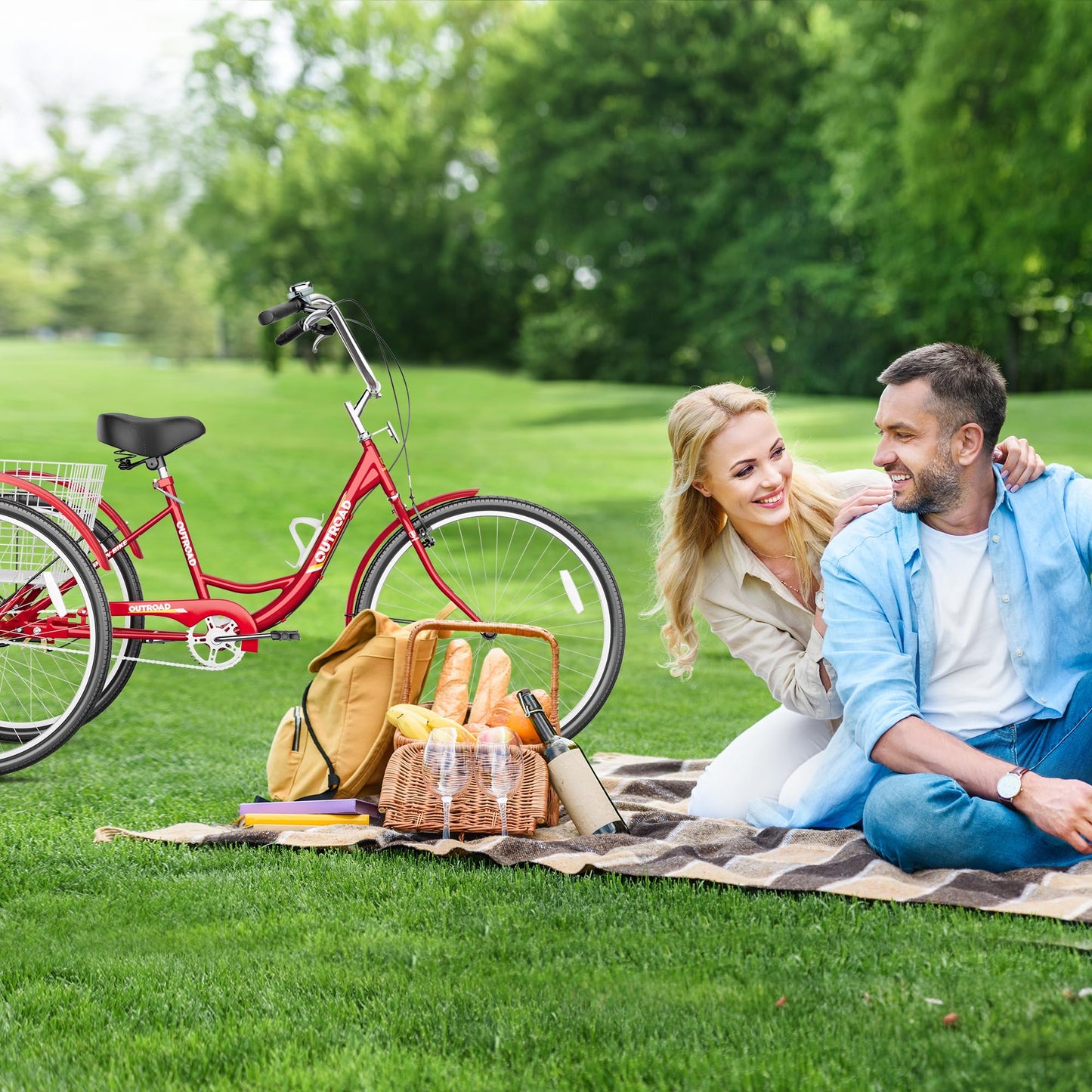 Max4out Adult Tricycle with Large Basket 24/26 Inch, Stable 3 Wheel Cruise Bicycle for Shopping, Beach and City Trike Perfect for Men, Women, Seniors（24 Red）