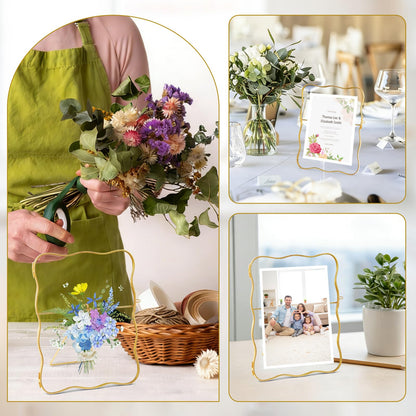 Himitimi Double Glass Frame for Pressed Flowers, 6x8 Inch Handmade Wave Pressed Flower Frame Metal Floating Picture Frame for Tabletop Display DIY Artwork Home Decor(Gold)