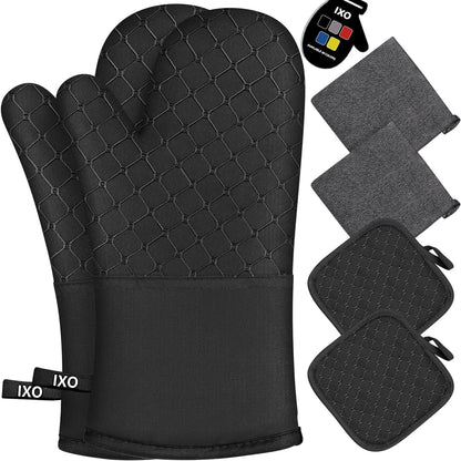 IXO 6Pcs Oven Mitts and Pot Holders, 500? Heat Resistant with Soft Cotton Lining and Non-Slip Silicone Surface
