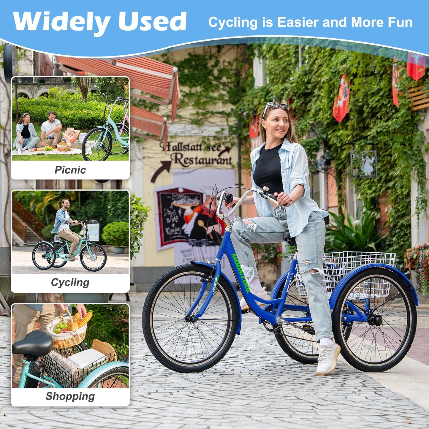 Slsy Adult Tricycle 7 Speeds Tricycle for Adults, 20 & 24 & 26-Inch Three Wheel Bikes, Adult Trikes Cargo Cruiser Trike for Seniors, Women, Men.