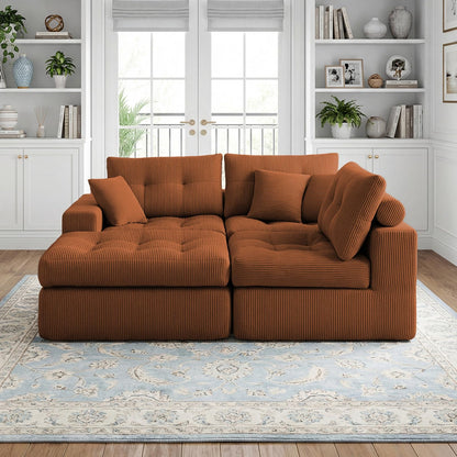113-Inch L-Shaped Modular Corner Cloud Sofa Corduroy Tufted Foam Sectional with Deep Seat, 4 Pieces Compressed Boneless Sofa Couch with Movable Ottoman & 4 Toss Pillows