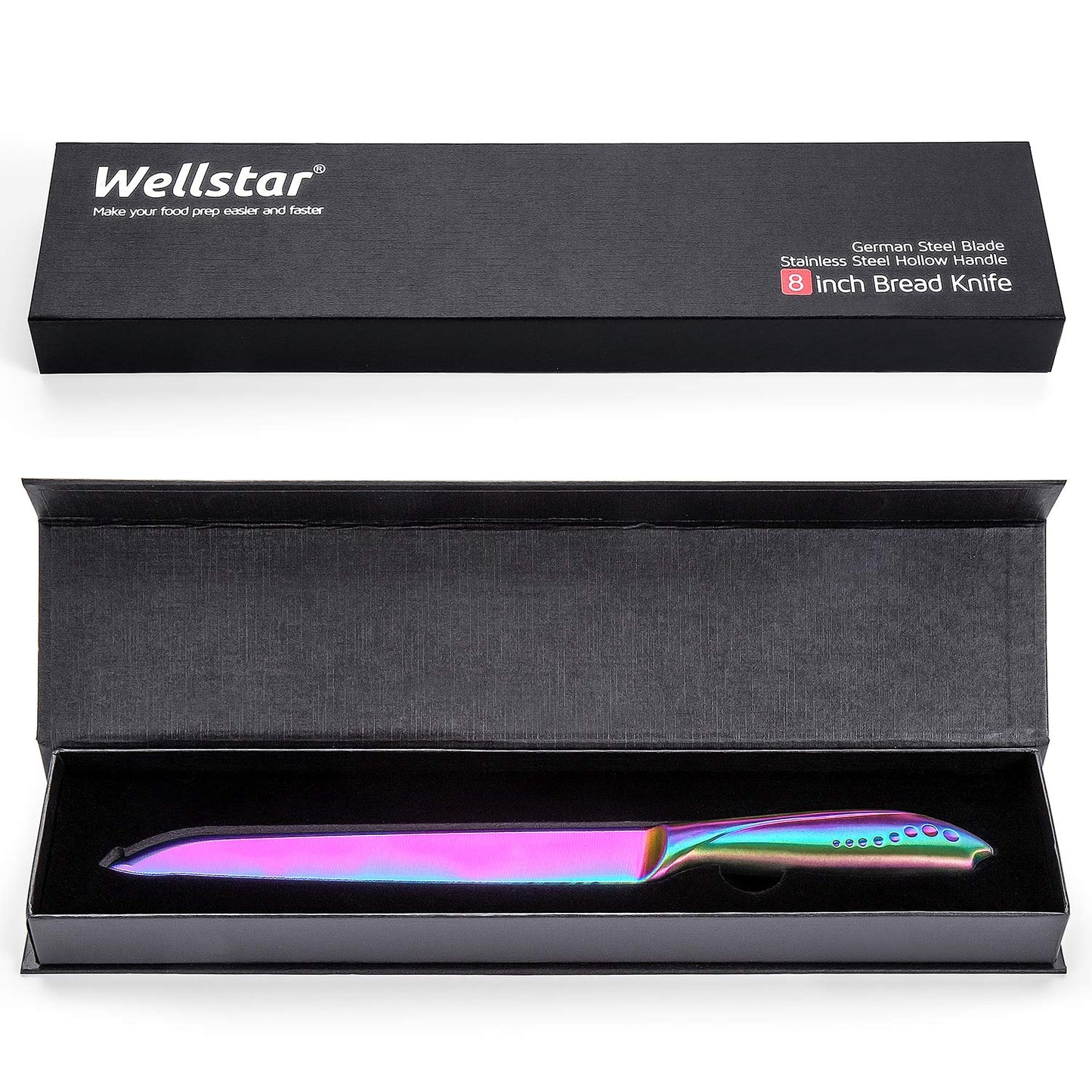 WELLSTAR Bread Knife 8 Inch, Serrated Bread Cutter, Ultra Sharp German Stainless Steel Blade and Comfortable Handle with Rainbow Titanium Coated for Slicing Breads Loaves Bagel Cake and Large Fruit