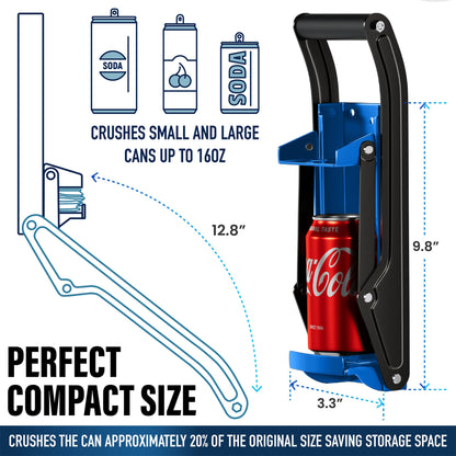 Can Crushers for Recycling - 16 oz Heavy Duty Aluminum Can Crusher Wall Mounted - Soda and Beer Can Smasher for Recycling with Bottle Opener - For 12 and 16 oz Cans - Easy to Install, Blue - RamPro