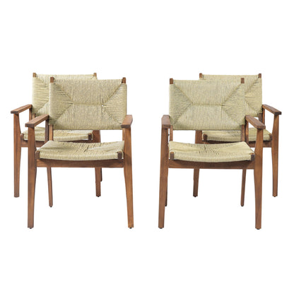 Merax 5-Piece Outdoor Dining Set, 47.24'' Round Acacia Wood Table & 4 Wicker Armchairs, Patio Furniture Set for Garden Balcony Deck, Teak Finish