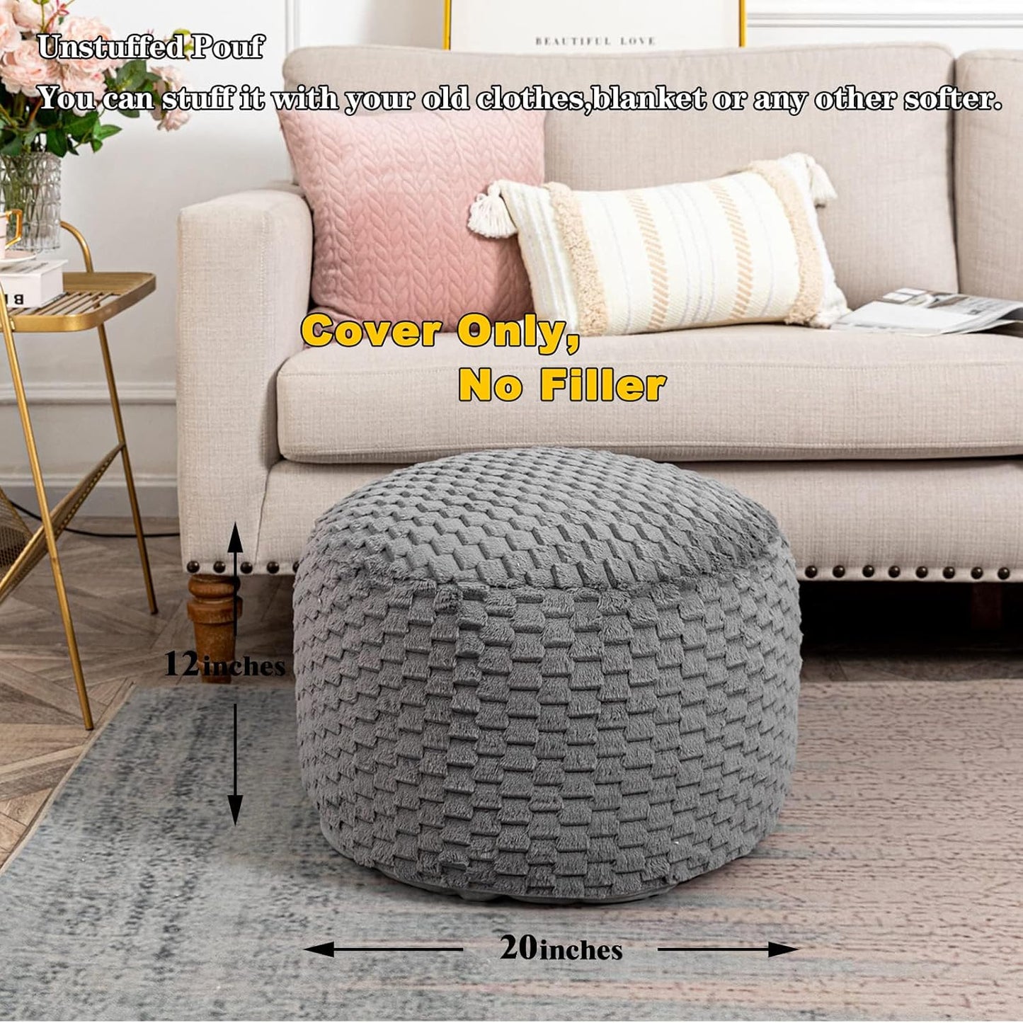 20x20x12 Inches Fur Ottoman Stool Unstuffed Footstool Cover Pouf Foot Rest Round Poof Seat Floor Bean Bag Chair