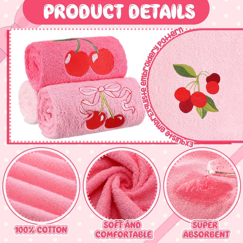 Tingjoo 3 Pcs Cherry Hand Towels 14x29 Inch Spring Summer Pink Preppy Bow Cherries Bathroom Decor Cotton Embroidered Soft Absorbent Towels for Bathroom Kitchen