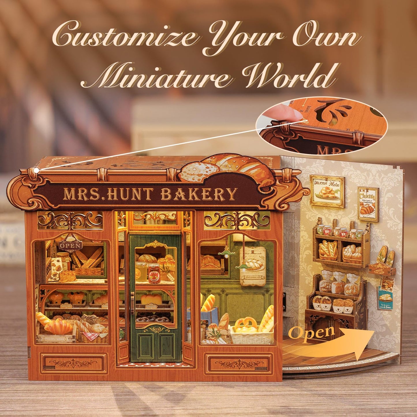Fsolis Book Nook Kit - DIY Miniature House Kit for Adults Booknook 3D Wooden Puzzles Bookshelf Nook Decor Bakery Shop Model Gifts for Women Book Lovers (MRS.Hunt Bakery)