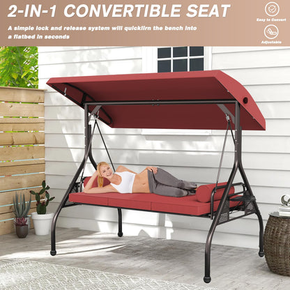 Patiomore 3 Seat Outdoor Porch Swing Chair, Adjustable Canopy Swing Bench, Convertible Backrest Swing Bed with Thicken Cushions, Pillow & Cup Hold (Wine Red)