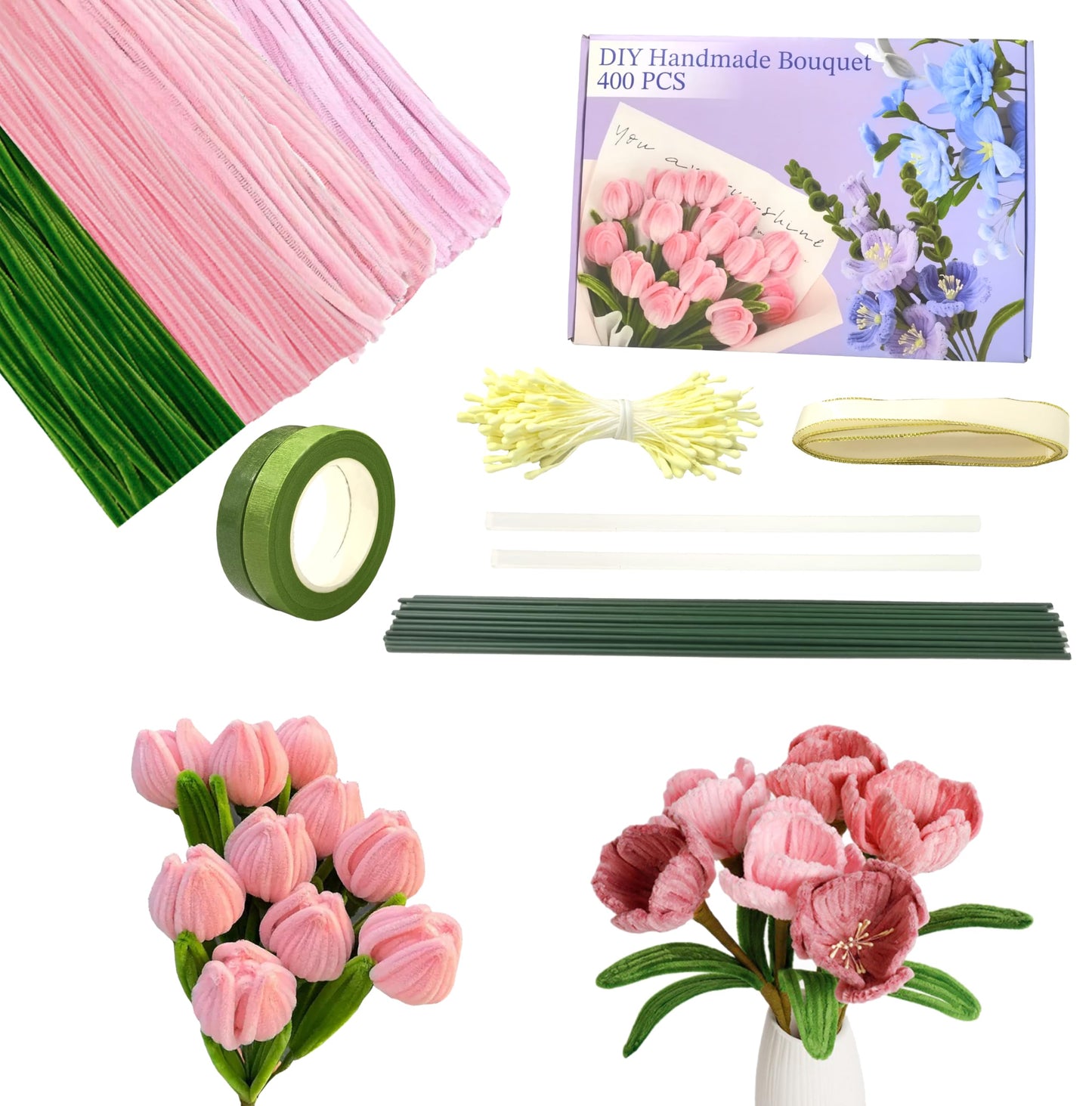Sheliky Pipe Cleaner Flower Kit 400Pcs Pipe Cleaners Craft Bulk Chenille Stems for Flower Making DIY Bouquets Party Decor with Floral Wires, Gardening Tape,Stamen & Ribbon (Pink)