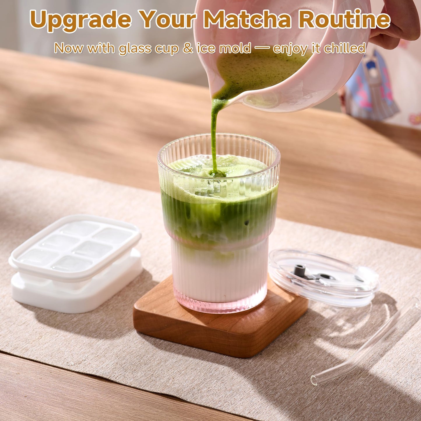 ComboJoy Matcha Whisk Set – Crystalline Glaze Bowl, Bamboo Whisk & Holder, Scoop & Sifter with Holder, Cup with Lid & Straw, Ice Cube Tray & Tea Towel – Pink Matcha Gift Set for Women, Women Gifts