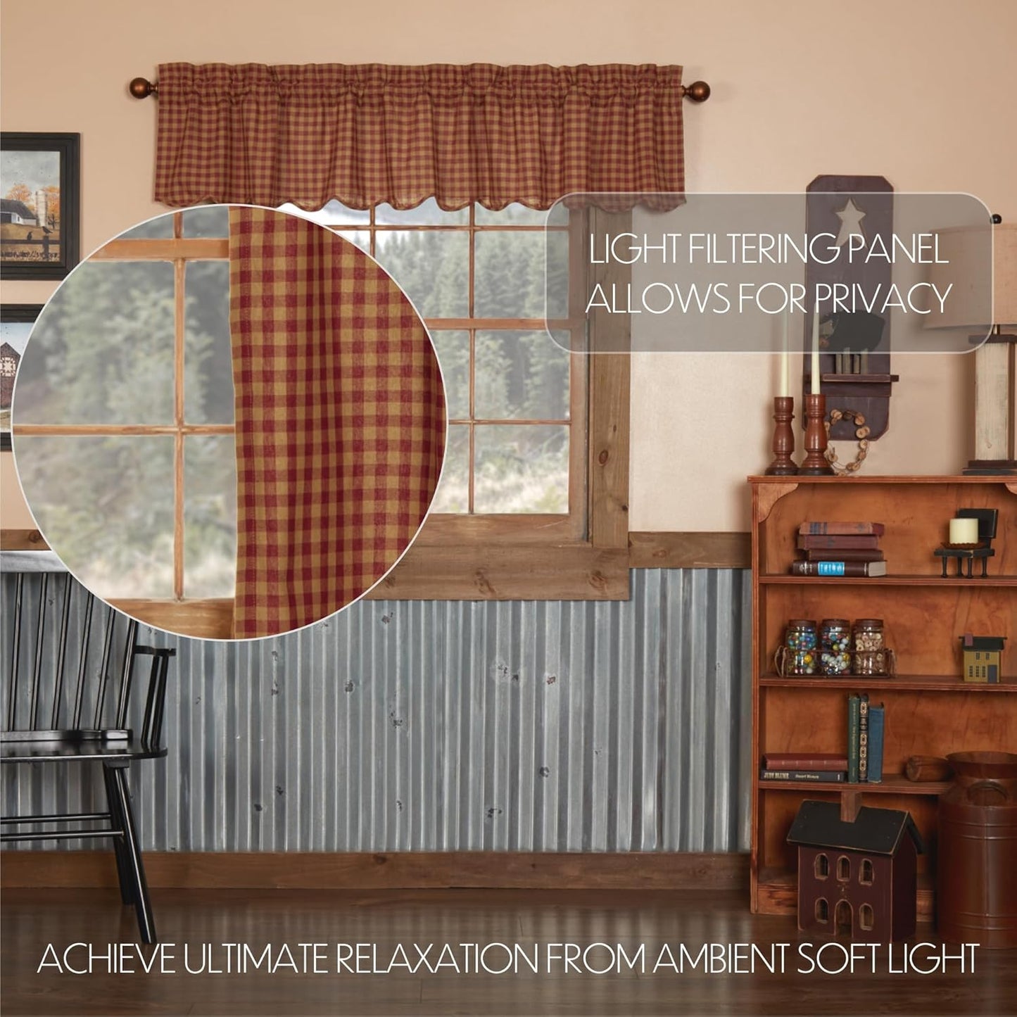 VHC Brands Burgundy Check Primitive Valance, 16"x72", Red Rod Pocket Cotton Kitchen Curtains