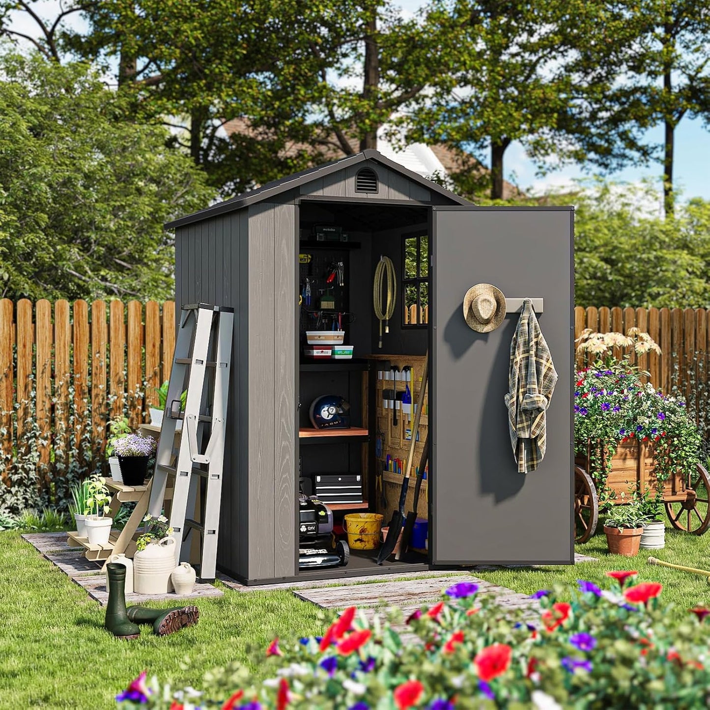 Patiowell 4' x 4' Outdoor Storage Shed with Floor, Plastic Shed Outside Resin Tool Shed with Window and Lockable Door for Backyard Garden Patio Lawn, Dark Grey (Fit-it Shed)