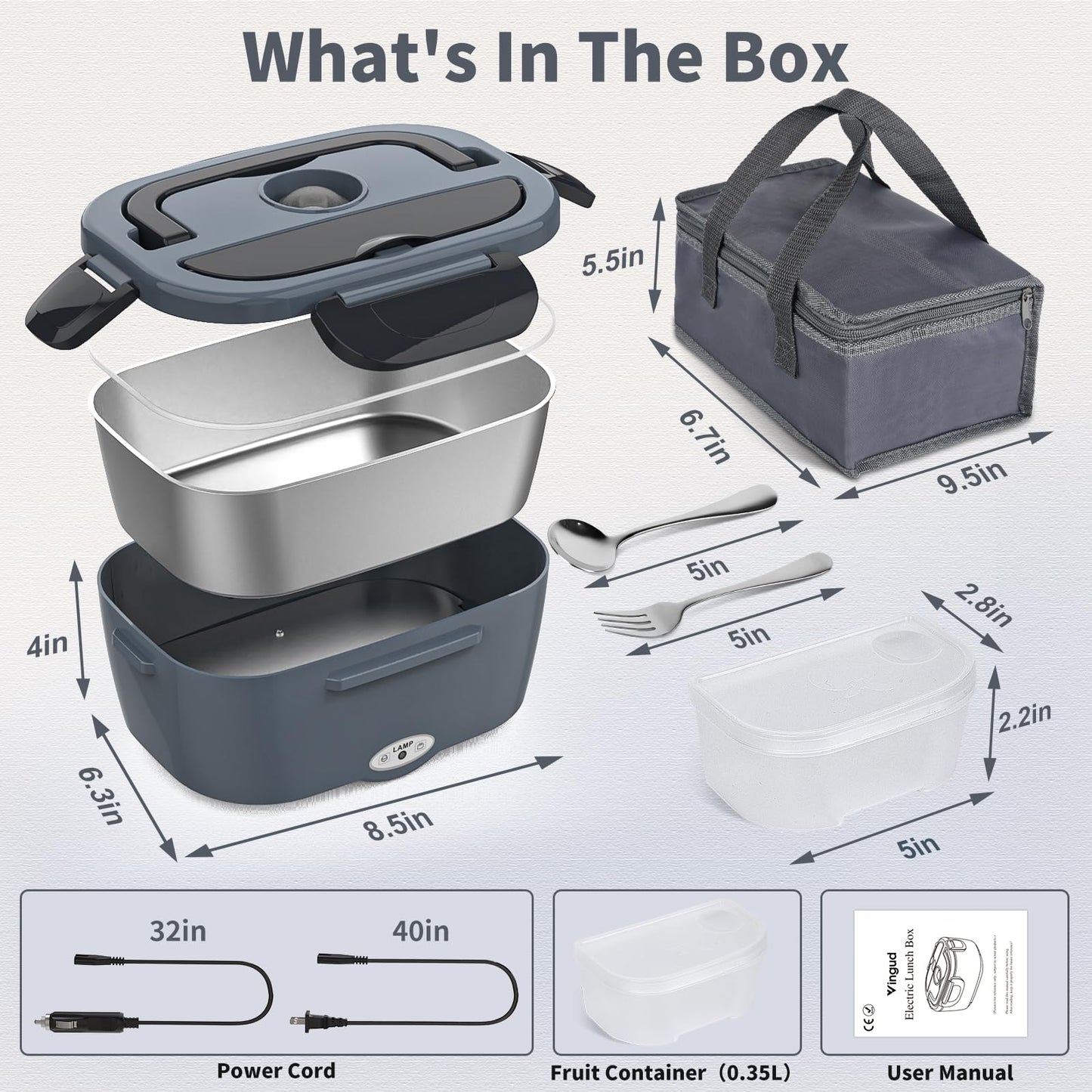 Vingud Electric Lunch Box for Adults, Heated Lunch Box Food Warmer, 80W 1.5L Portable Heating Lunchbox for Men/Work/Car/Truck, 12V 24V 110V Lonchera Eléctrica Portátil Christmas White Elephant Gifts