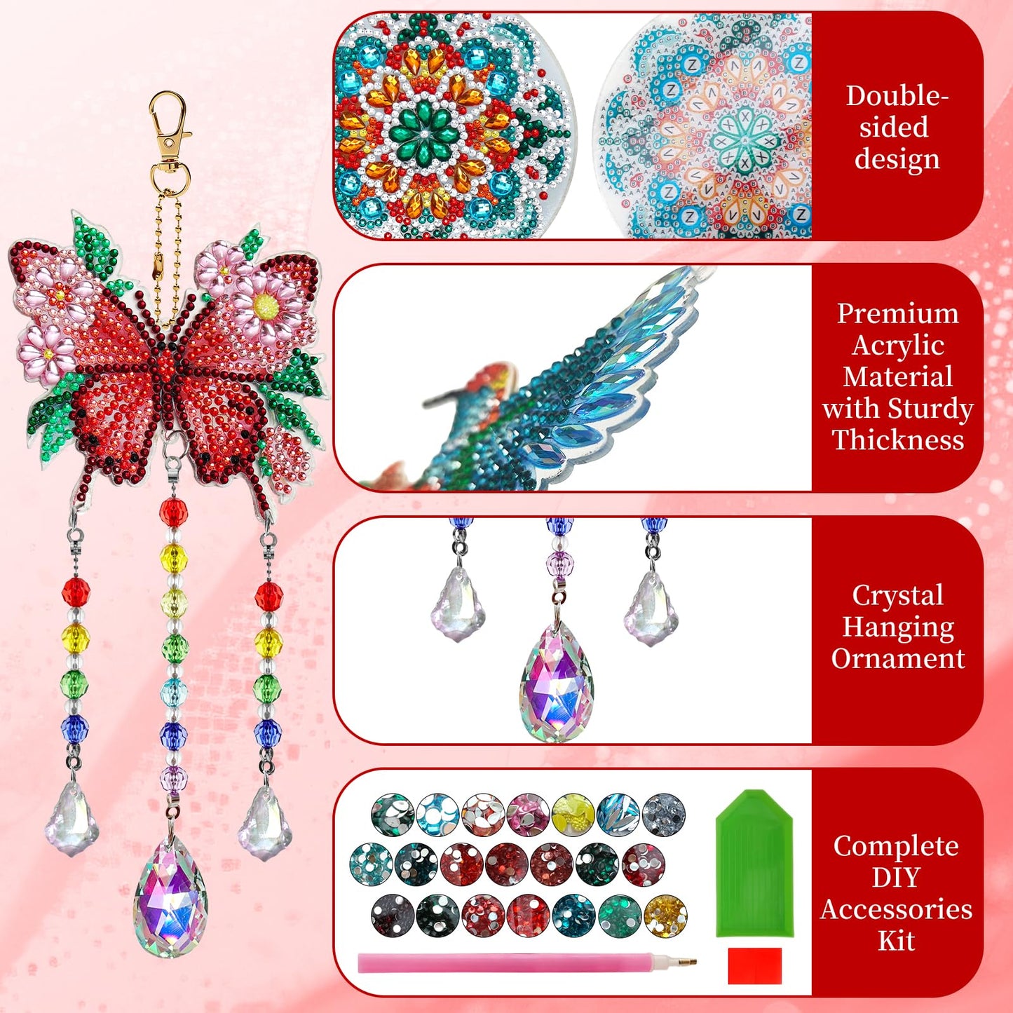 Dqwtb 3pcs Diamond Art Kits for Kids Teens Adults Double-Sided DIY Diamond Painting Hanging Ornaments with Crystal Prisms Butterfly Hummingbird Mandala Sun Wind Chimes for Home Garden Decor