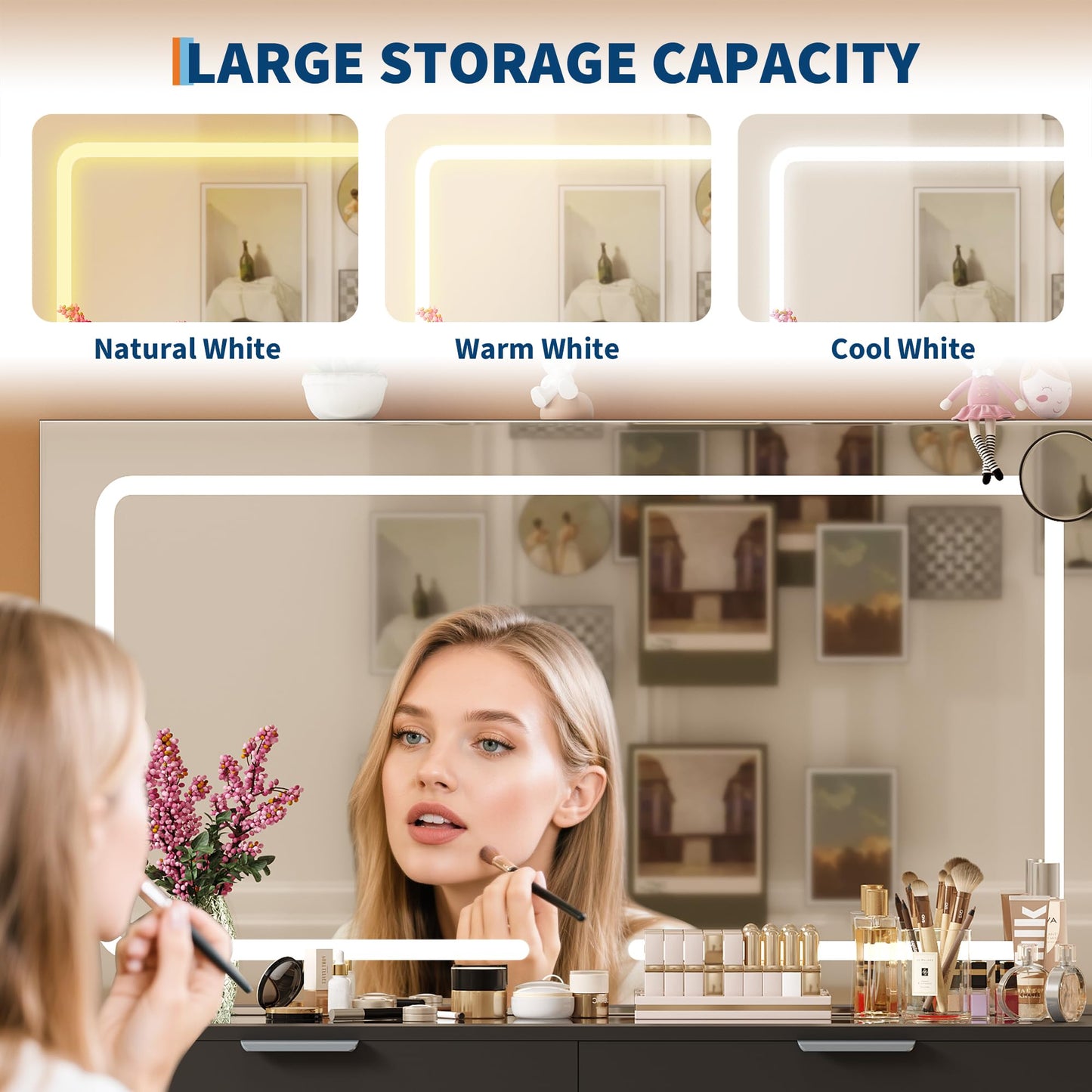IDEALHOUSE Large Vanity Desk with Mirror, Clear Glass Top, Stool, LED Lights and Power Outlet, 45'' Width Makeup Vanity Table Set with 10 Drawers for Bedroom Dressing Room