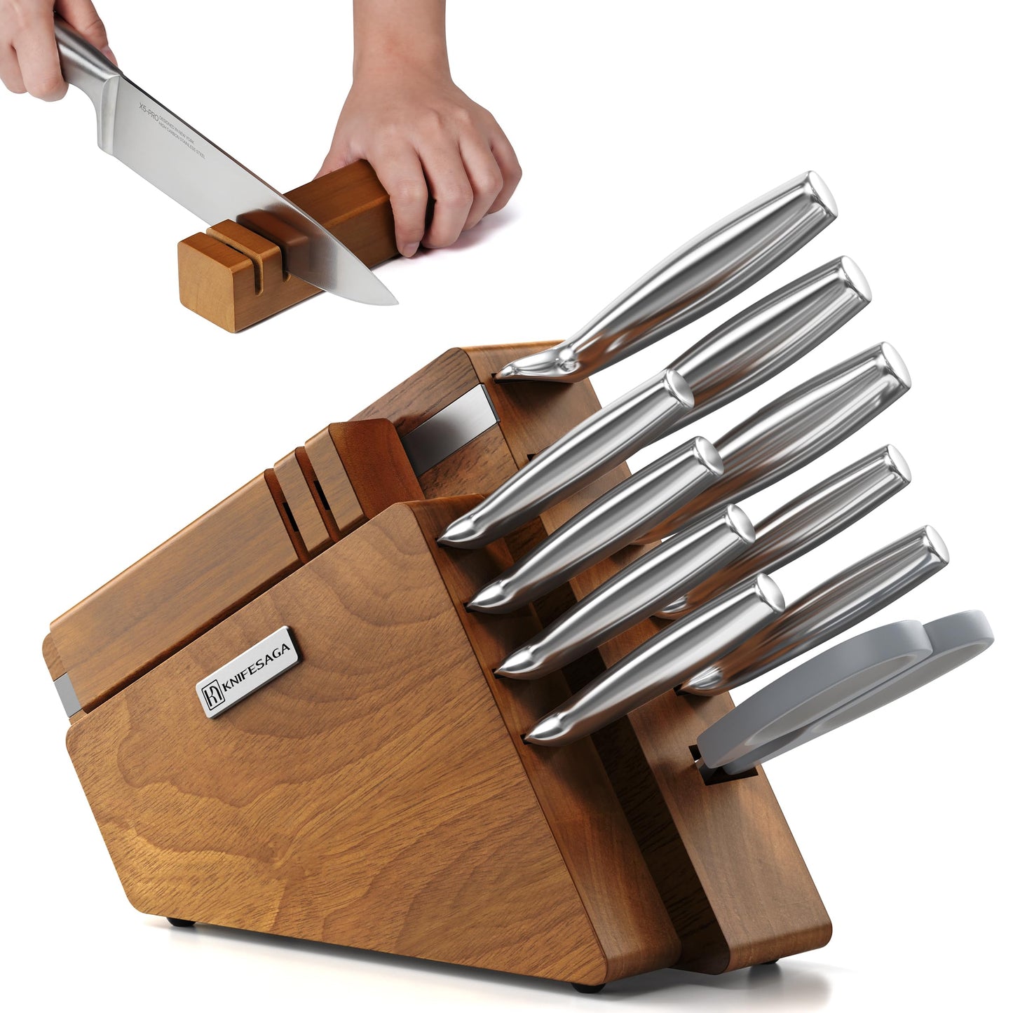 KnifeSaga Kitchen Knife Set with Block and Sharpener | 12-Piece Premium High Carbon Stainless Steel Knife Block Set, Ergonomic Anti-Slip Handle, Rubberwood Knife Block