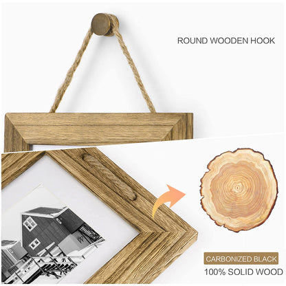 DLQuarts 5x7 Hanging Picture Frames Collage Wall Decor, 3-Frame Set, 3.5x5 with Mat or 5x7 Without Mat, Rustic Solid Wood Photo Frame Pack of 2 Carbonized Black