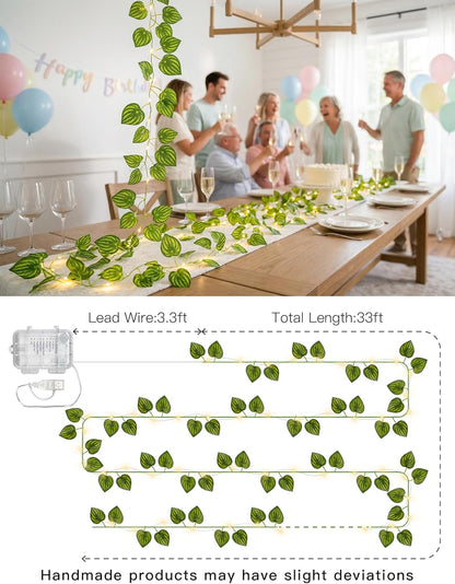 Suddus Vines String Lights - 33ft 100 LED Watermelon Leaves | Battery & USB Powered, Remote Control, Warm White