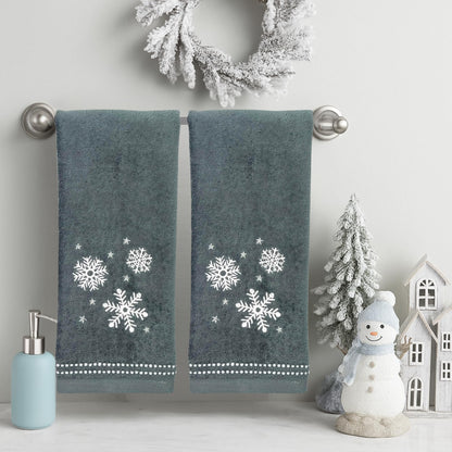 Serafina Home Christmas Hand Bathroom Towels, Set of 2, Embroidered Snowflakes and Stars, Dark Grey Velour Terry Cotton 16" x 25", Winter Holiday Decor for Kitchen or Bath