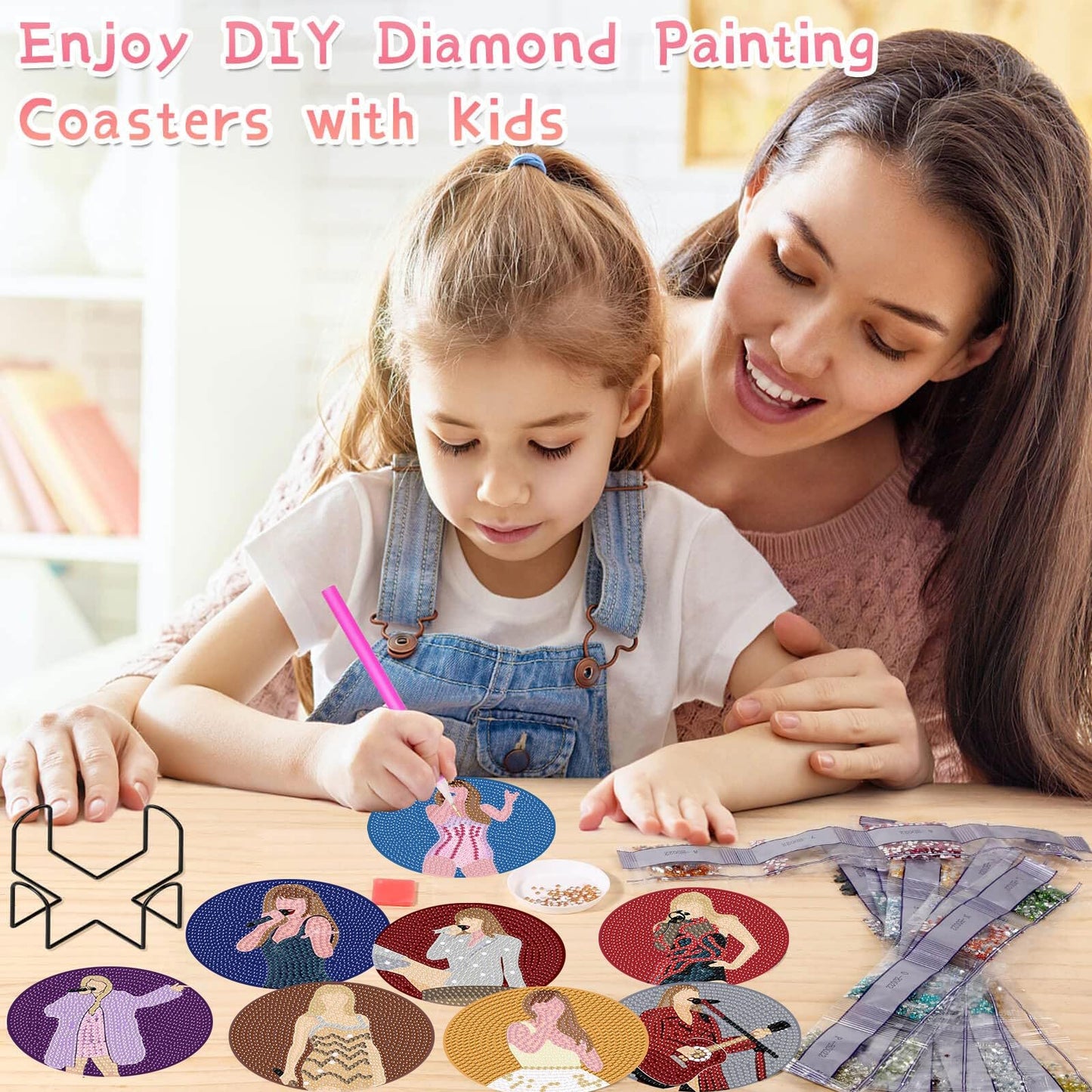 Clendo Pop Star Diamond Painting Coasters Kits for Adults, 8PCS Pop Diamond Art Coaster Kits with Holder, Small Diamond Painting Kits for Adults & Kids Art Craft Supplies, Bdwy041