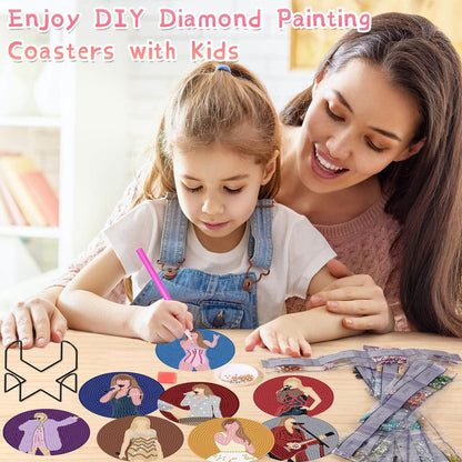 Clendo Pop Star Diamond Painting Coasters Kits for Adults, 8PCS Pop Diamond Art Coaster Kits with Holder, Small Diamond Painting Kits for Adults & Kids Art Craft Supplies, Bdwy041