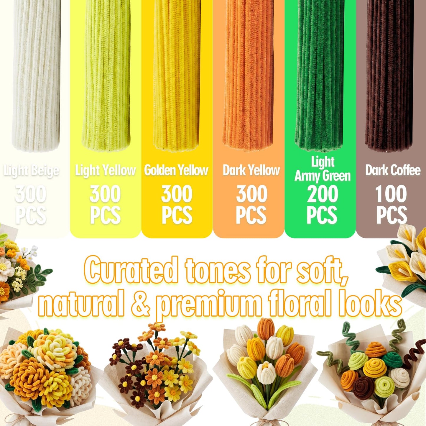 Rivvlive Pipe Cleaner Flower Kit, 1500 Pcs Pipe Cleaners Craft Chenille Stems Bulk with Floral Wires DIY Bouquets Gardening Tape Stamen Ribbon Beads for Art Craft Supplies Gift (Yellow Set)