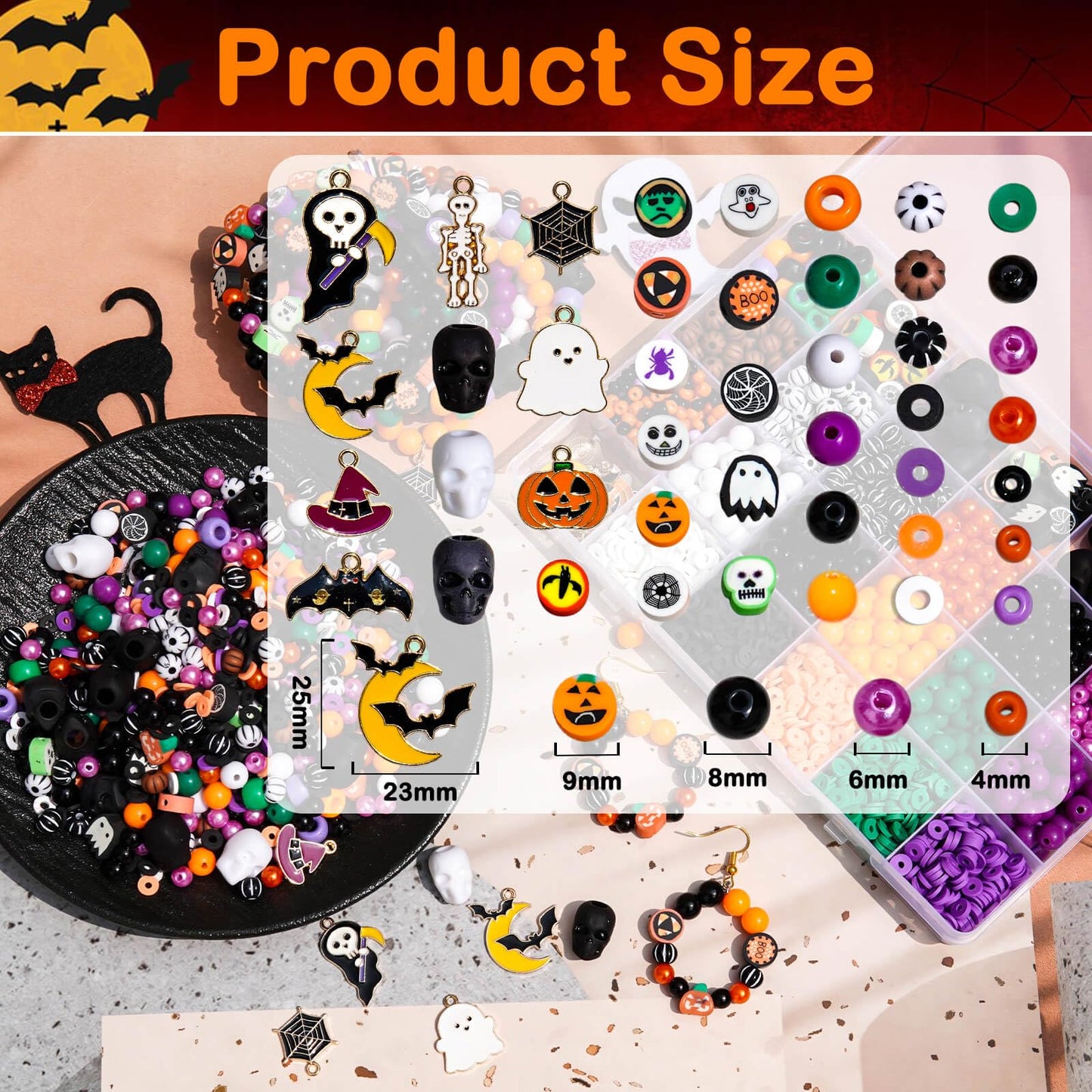 2100+PCS Halloween Beads Kit for Jewelry Making, Spooky DIY Crafts with Clay Charms Acrylic Rounds Pearls Pumpkin Skull Beads Ghost Witch Hat Bat Charms DIY Halloween Bracelets Necklace Earrings Craft