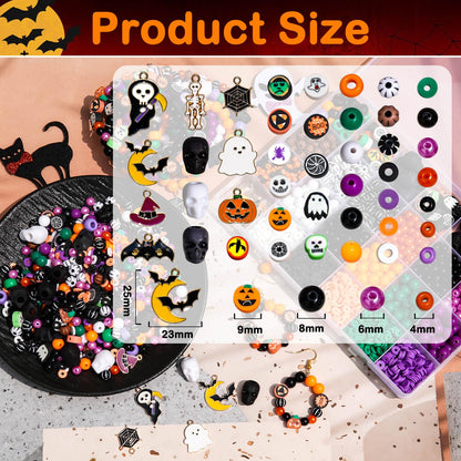2100+PCS Halloween Beads Kit for Jewelry Making, Spooky DIY Crafts with Clay Charms Acrylic Rounds Pearls Pumpkin Skull Beads Ghost Witch Hat Bat Charms DIY Halloween Bracelets Necklace Earrings Craft